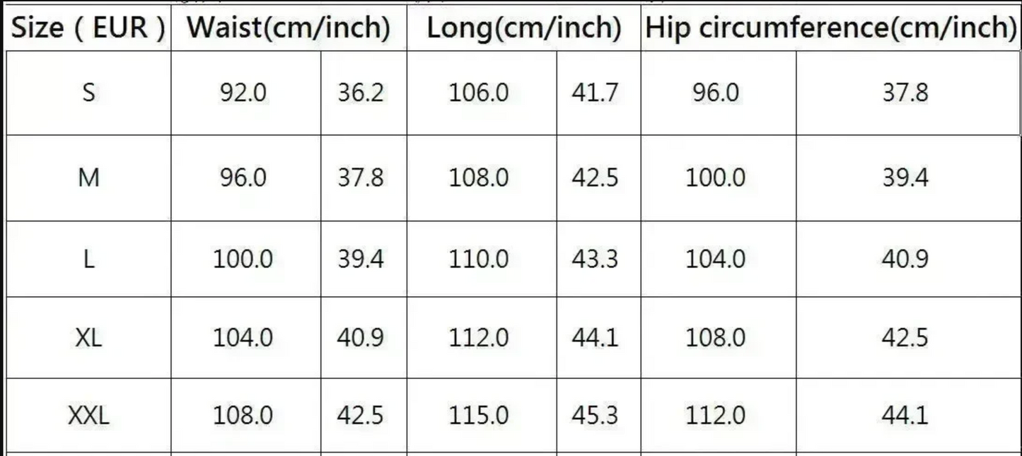 Table showing size chart for waist, length, and hip circumference measurements in centimeters and inches.