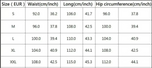 Table showing size chart for waist, length, and hip circumference measurements in centimeters and inches.