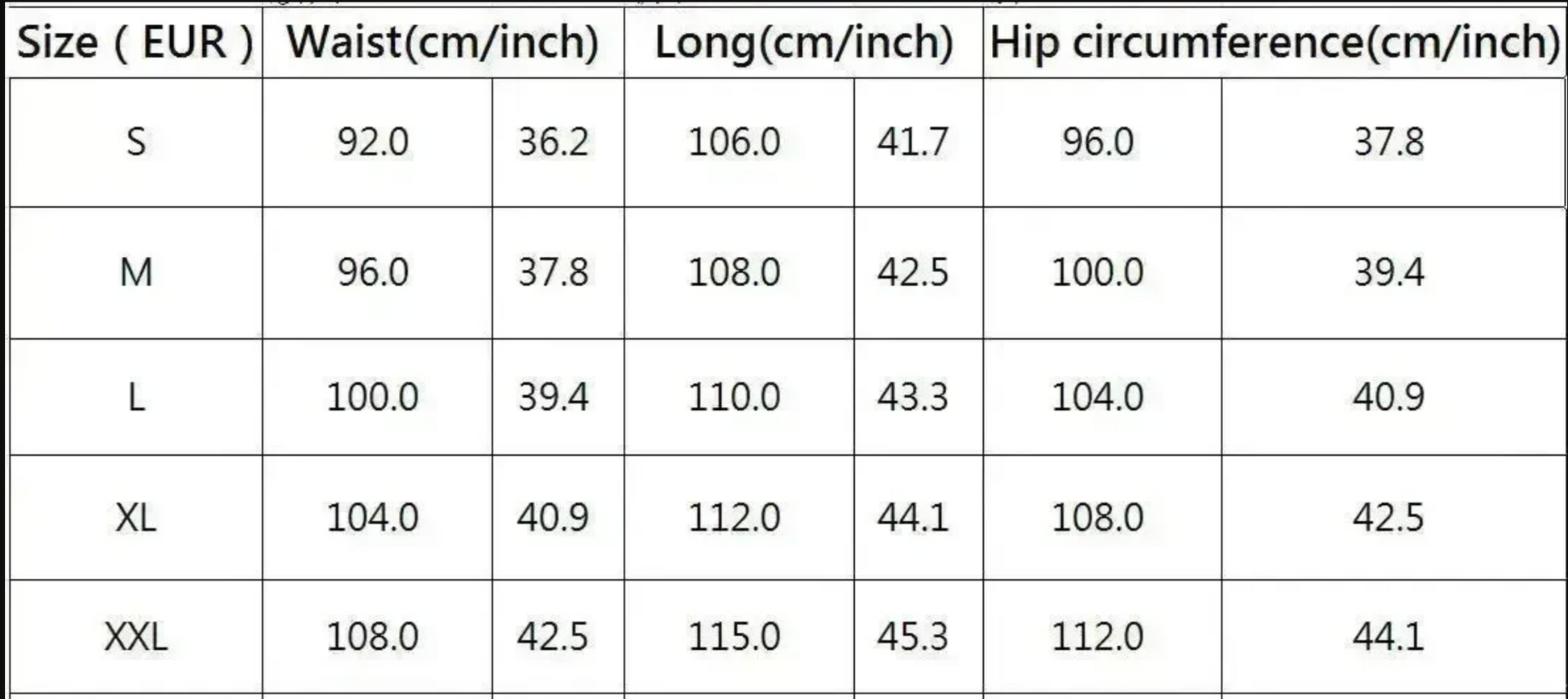 Table showing size chart for waist, length, and hip circumference measurements in centimeters and inches.