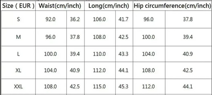 Table showing size chart for waist, length, and hip circumference measurements in centimeters and inches.