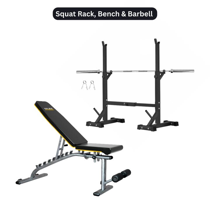 HAJEX Home Gym Strength Stack - Rack, Bench, Barbell & Plates